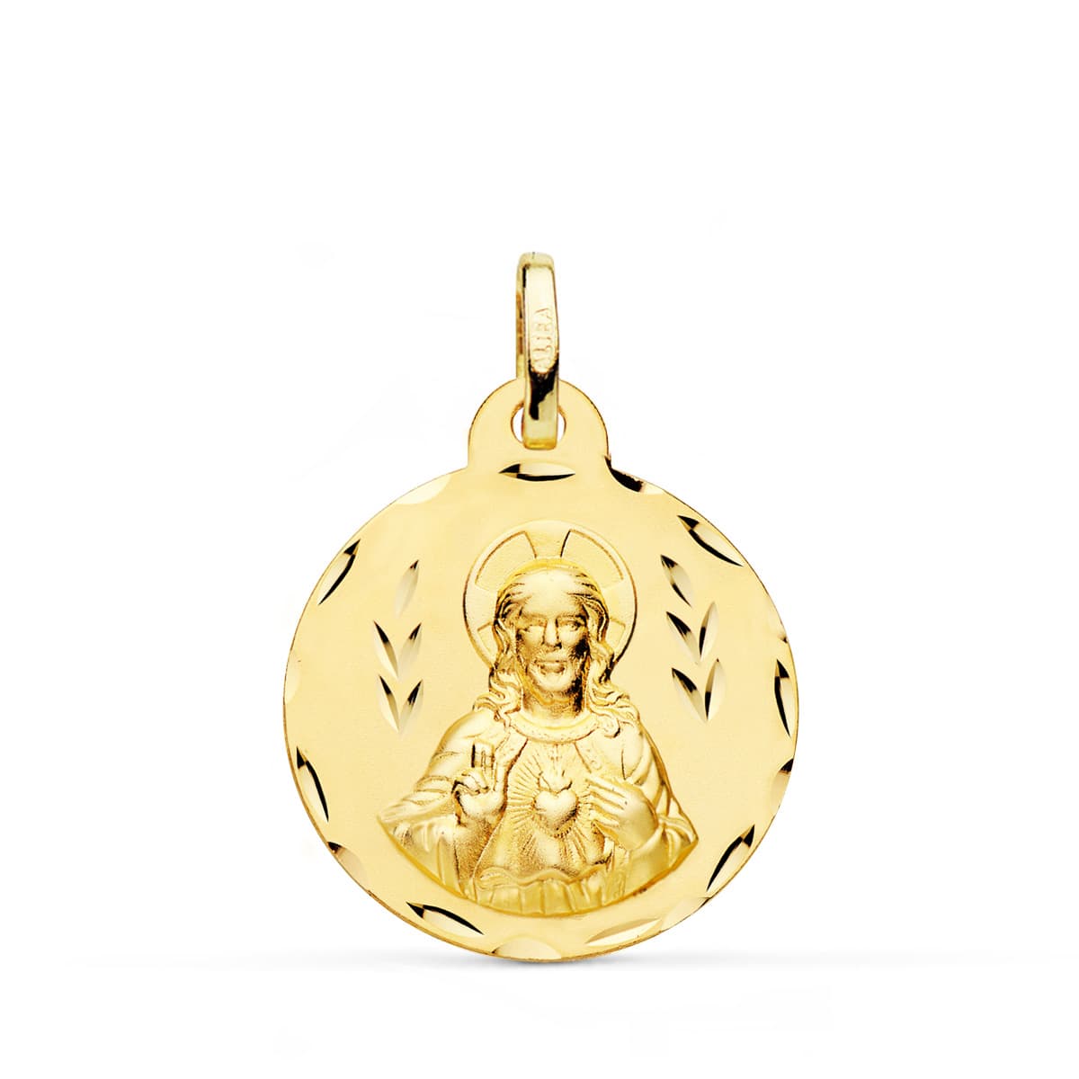 18K Yellow Gold Scapular Heart of Jesus and Virgin of Carmen Carved Yellow Gold 22 mm