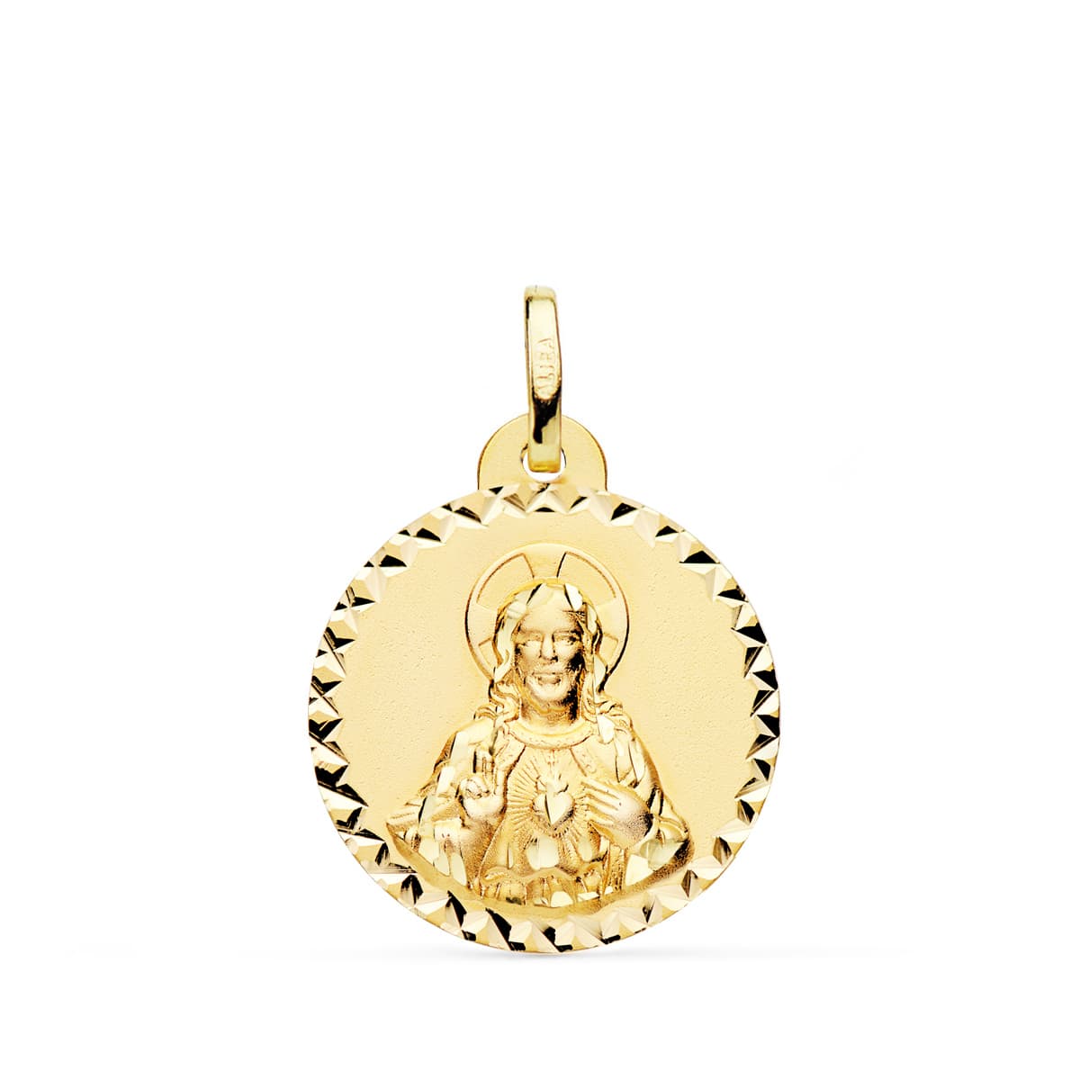 18K Medal Sacred Heart of Jesus Shine Crossed Cut 20 mm