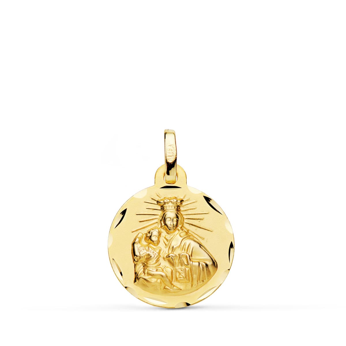 18K Yellow Gold Scapular Heart of Jesus and Virgin of Carmen Yellow Gold Carved 16 mm