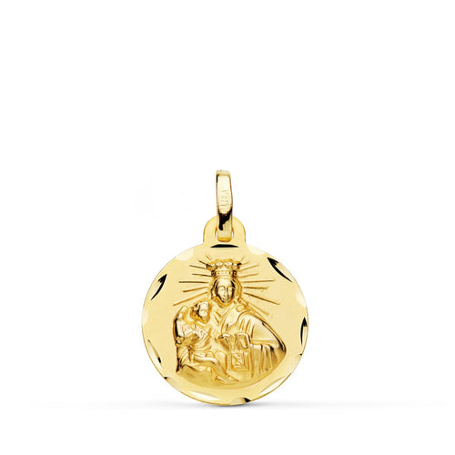 18K Yellow Gold Scapular Heart of Jesus and Virgin of Carmen Yellow Gold Carved 16 mm