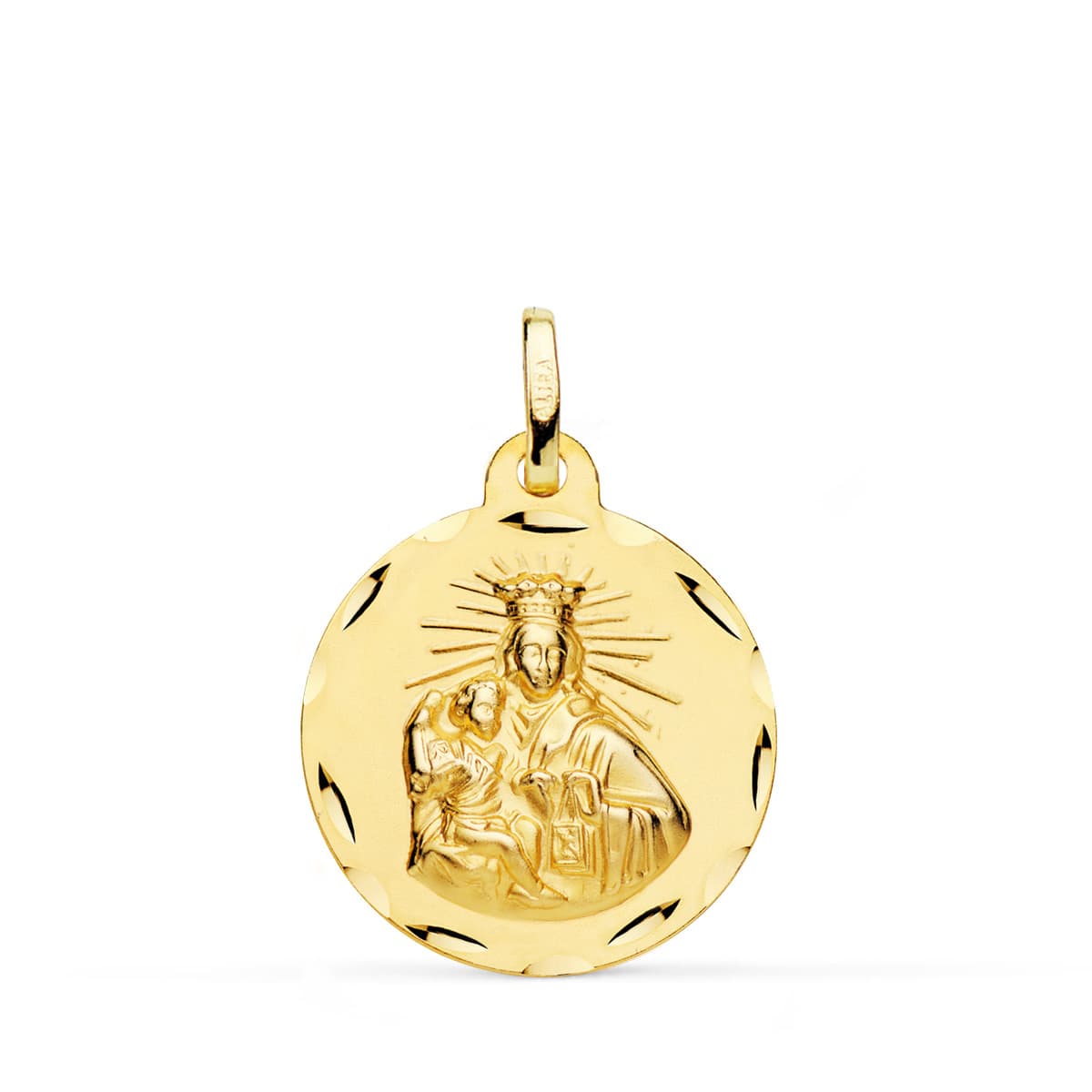 18K Yellow Gold Scapular Heart of Jesus and Virgin of Carmen Carved Yellow Gold 20 mm