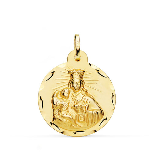 18K Yellow Gold Scapular Heart of Jesus and Virgin of Carmen Carved Yellow Gold 24 mm