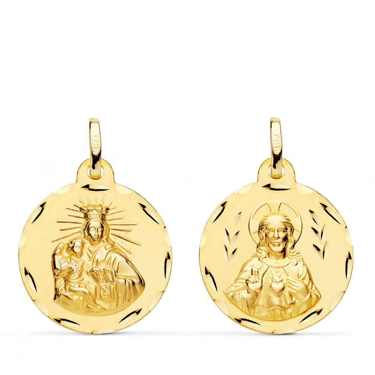 18K Yellow Gold Scapular Heart of Jesus and Virgin of Carmen Carved Yellow Gold 20 mm