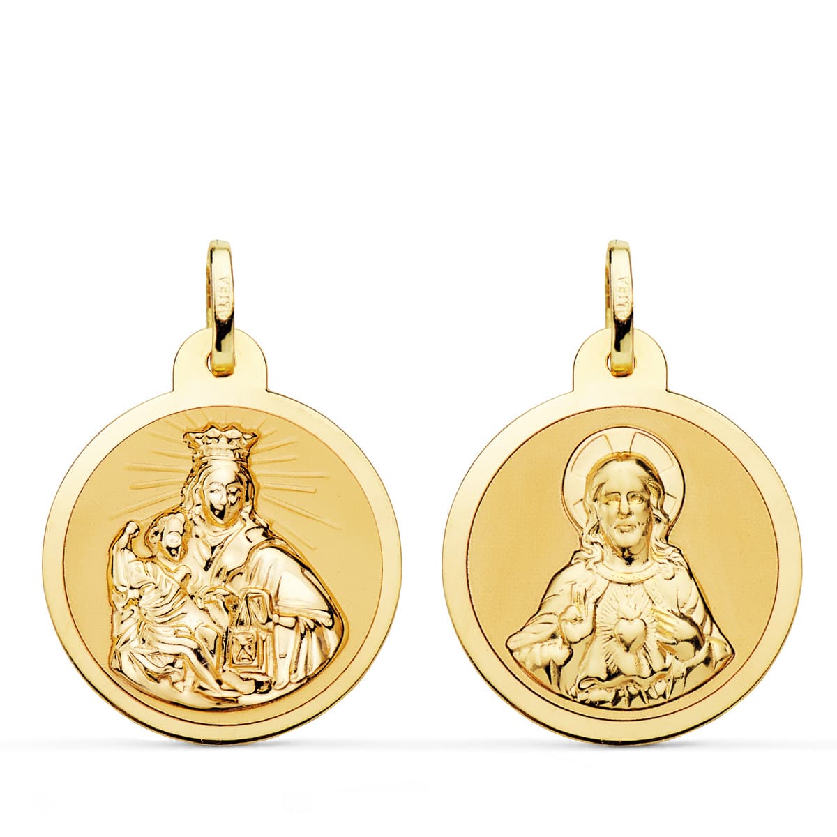 18K Scapular Virgin of Carmen and Heart of Jesus in Shine 22 mm