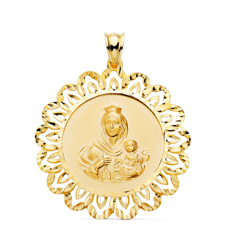 Médaille En Or Jaune 18K Virgen Del Carmen Cerco Sculptée 34X34 Mm