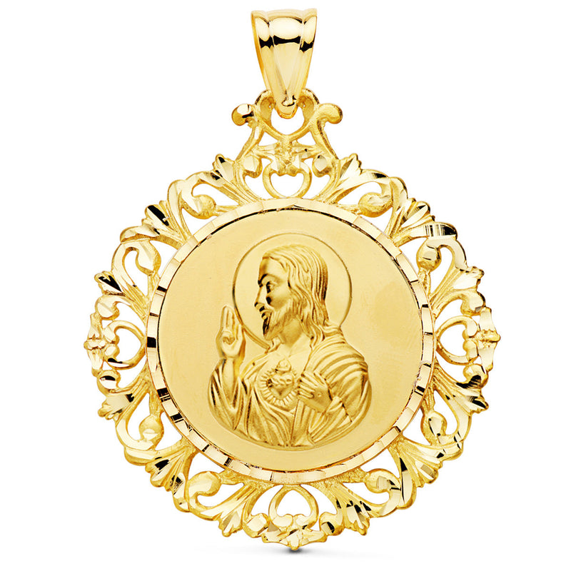 18K Medal Scapular Circle Heart of Jesus YV Carmen 45x40 mm
