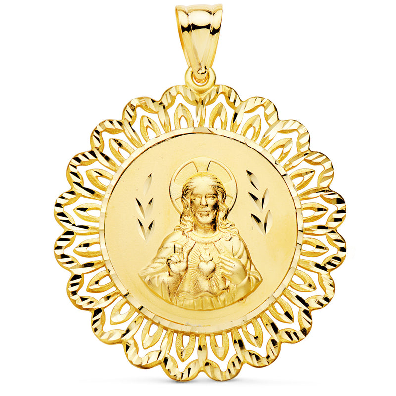 18K Medalla Corazon De Jesus Cerco Filigrana Tallado 37x37 mm