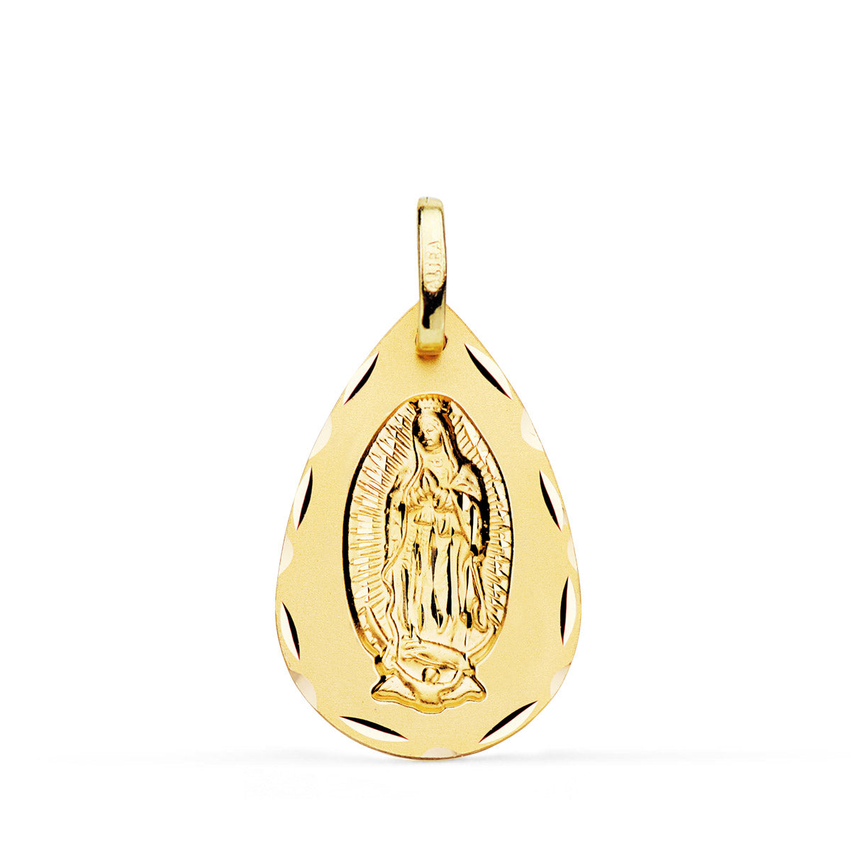 18K Yellow Gold Medal Virgin of Guadalupe Drop Classic Cut 23x15 mm