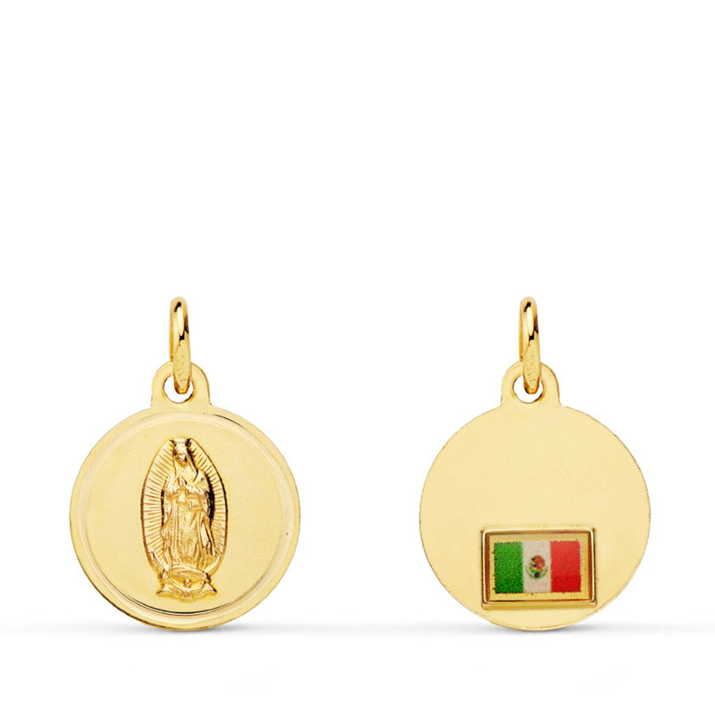 18K Medalla Oro Amarillo Virgen De Guadalupe Con Bandera En Bisel 16 mm