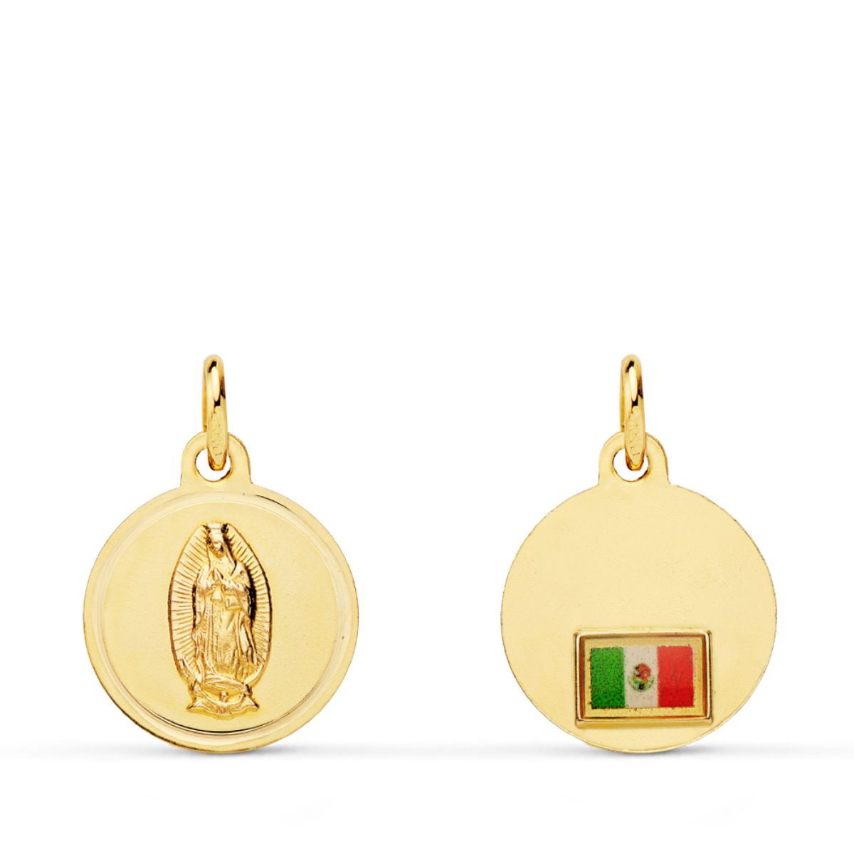 18K Yellow Gold Medal Virgin of Guadalupe with Flag on Bezel 14 mm
