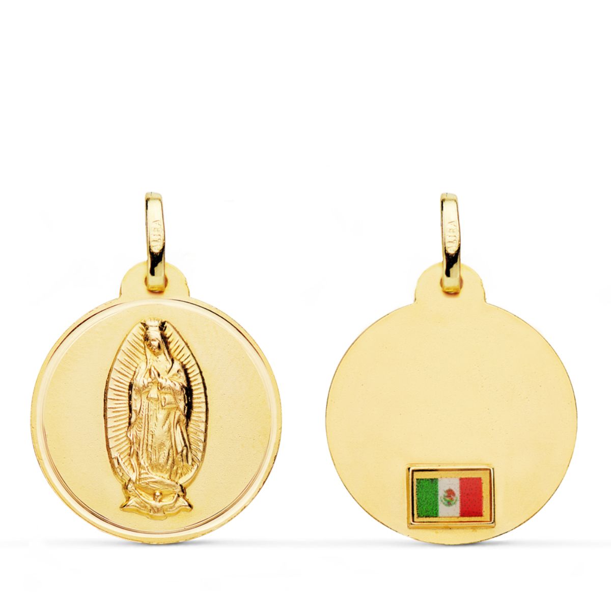 18K Yellow Gold Medal Virgin of Guadalupe with Flag on Bezel 20 mm