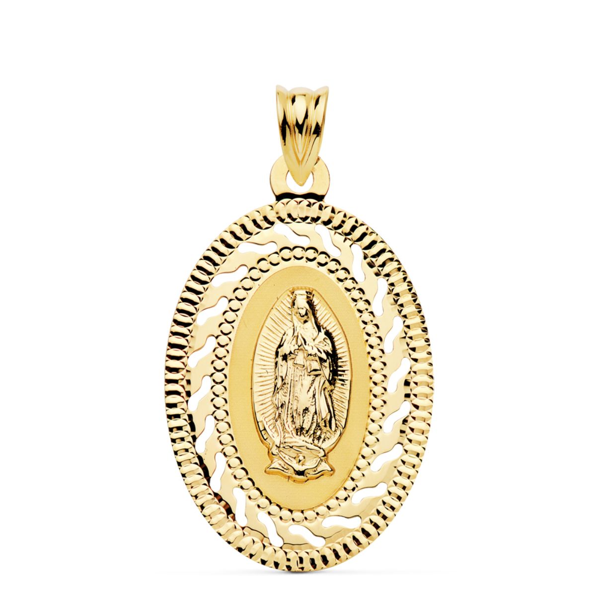 18K Medaille Gelbgold Jungfrau Guadalupe Durchbrochener und Gravierter Rand. 34 x 22 mm