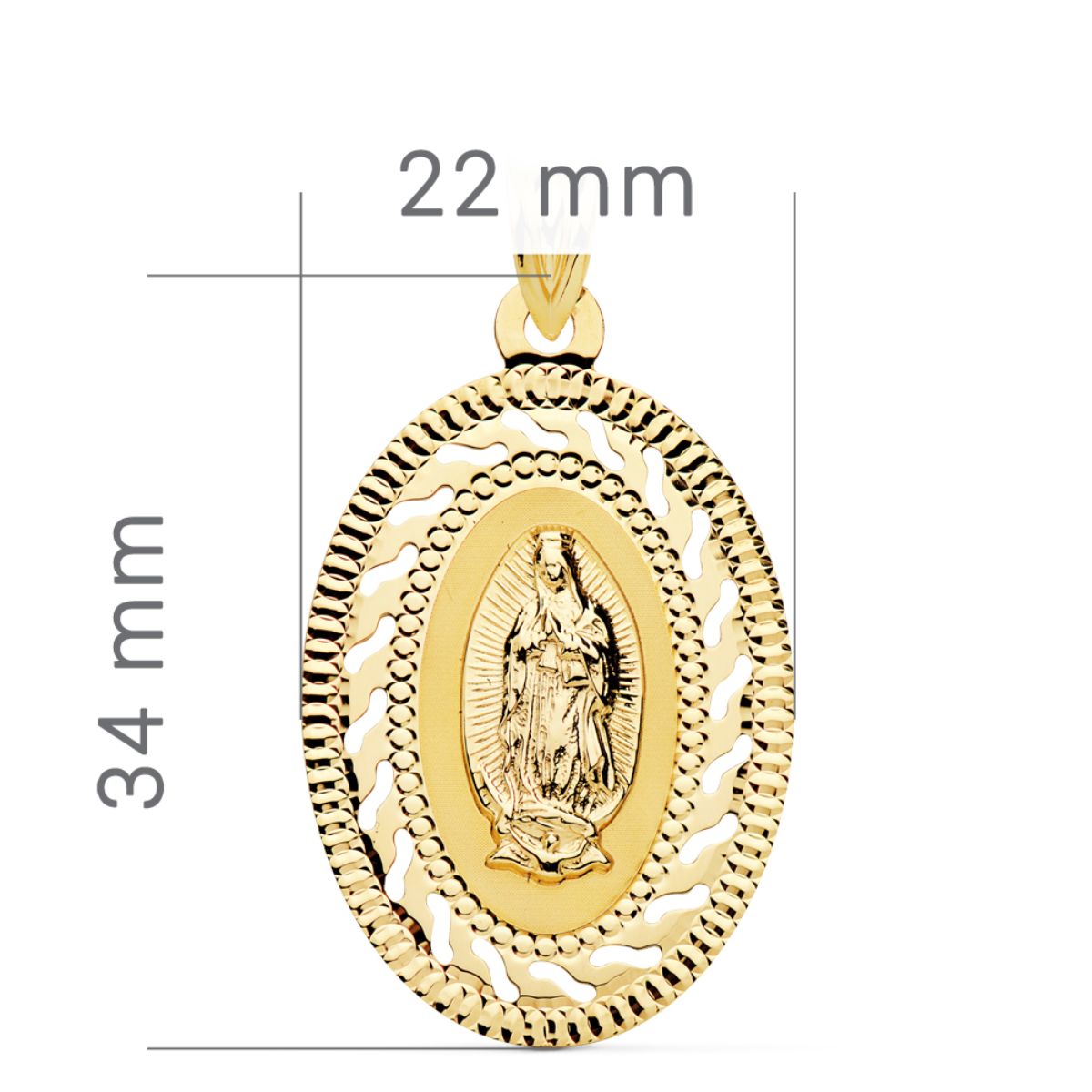 18K Medaille Gelbgold Jungfrau Guadalupe Durchbrochener und Gravierter Rand. 34 x 22 mm