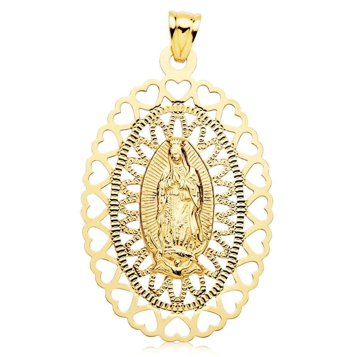 18K Yellow Gold Medal Virgin of Guadalupe Oval 50x35 mm Heart Border