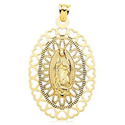 18K Yellow Gold Medal Virgin of Guadalupe Oval 50x35 mm Hearts Surround