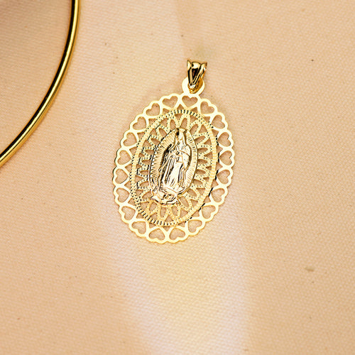 18K Medalla Oro Amarillo Virgen De Guadalupe Oval 50x35 mm Cerco Corazones