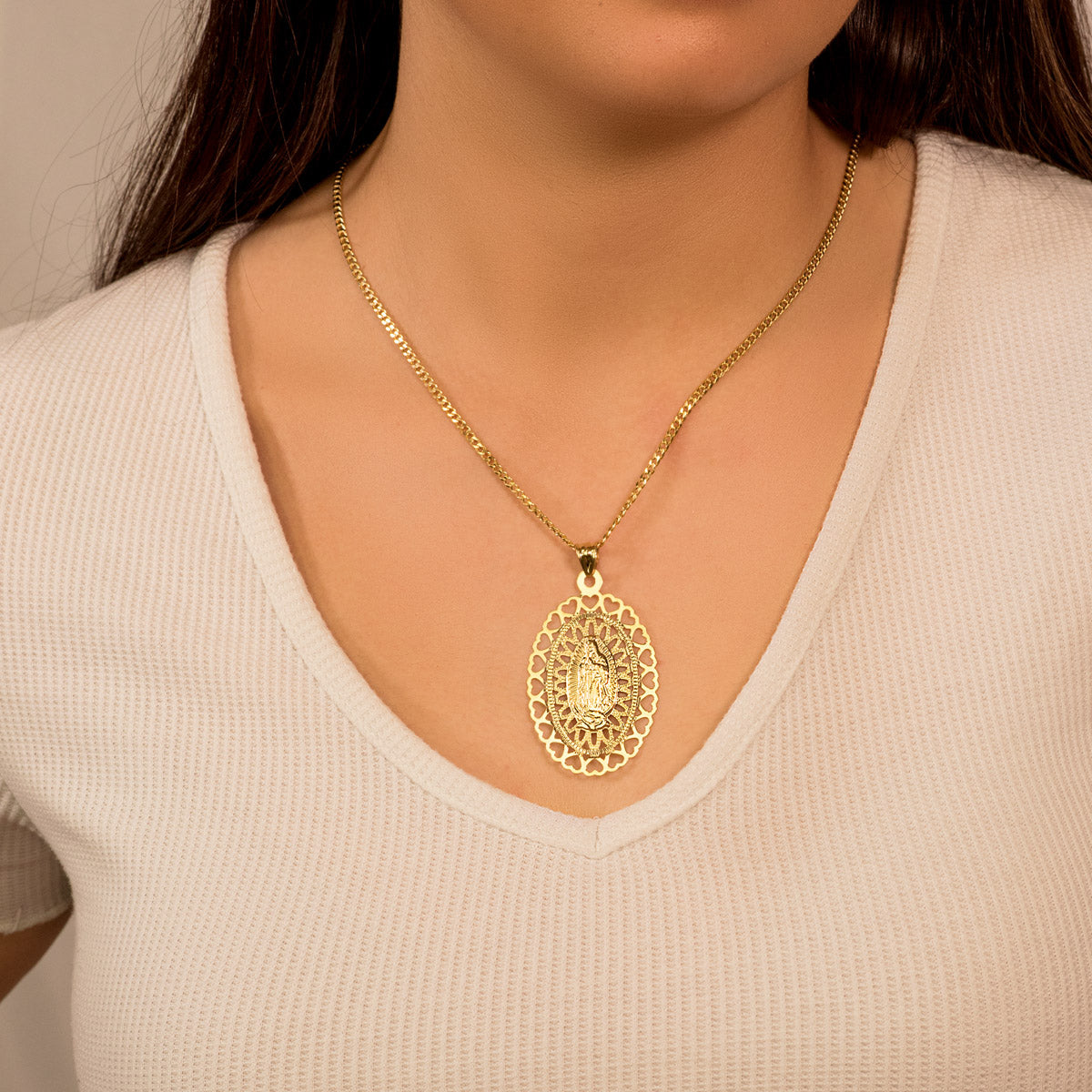 18K Yellow Gold Medal Virgin of Guadalupe Oval 50x35 mm Heart Border