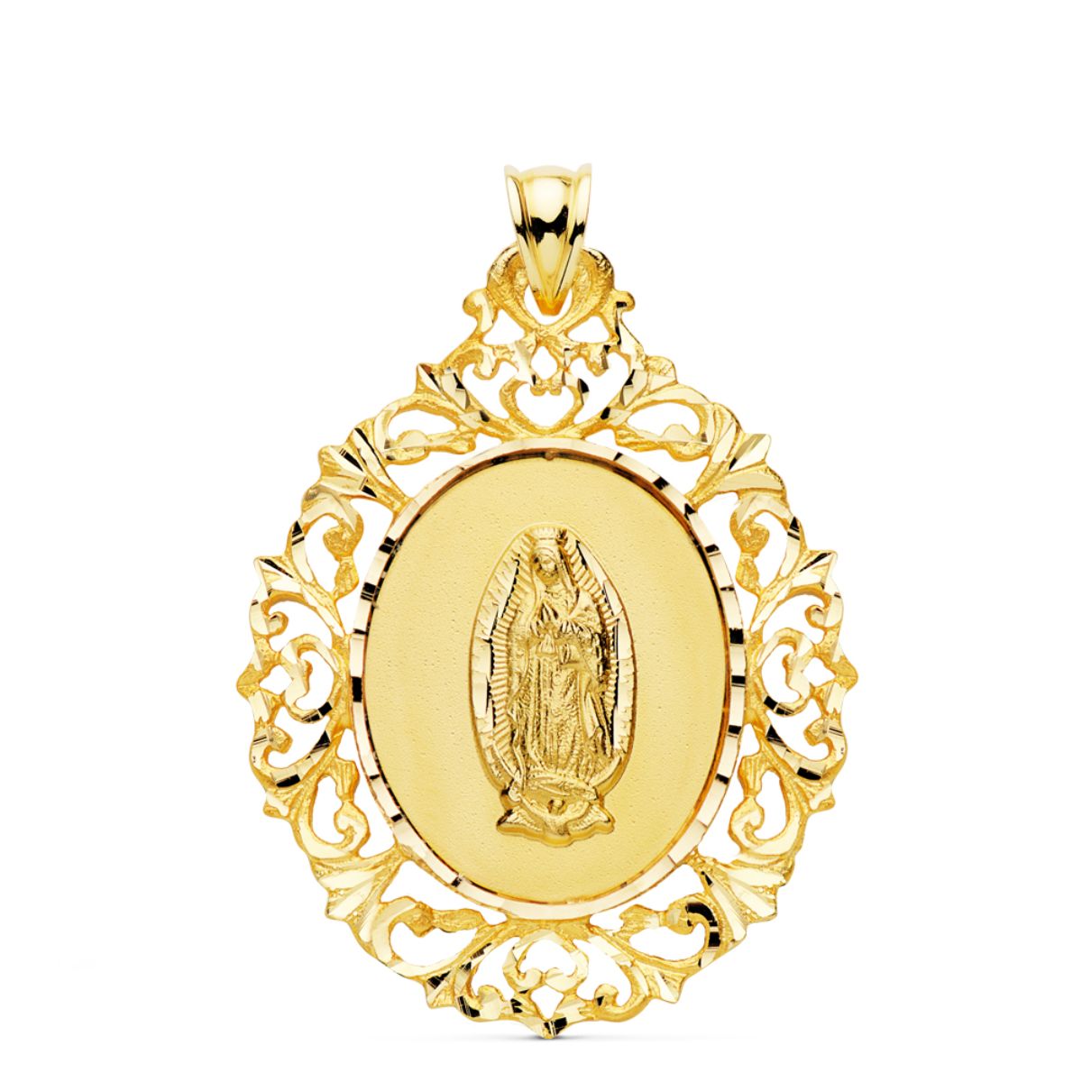 18K Medalla Oro Amarillo Virgen Guadalupe Cerco Filigrana 39x30 mm