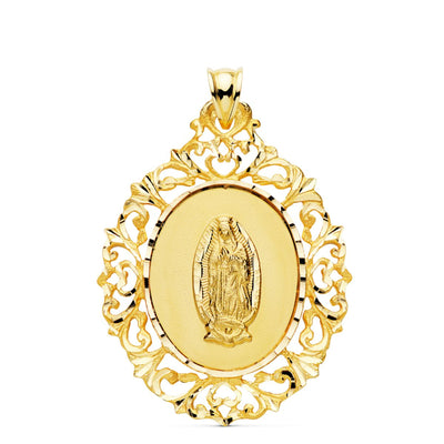18K Yellow Gold Medal Virgin Guadalupe Filigree Frame 39x30 mm