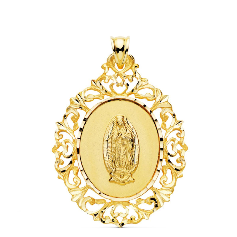 Médaille Vierge Guadalupe Or Jaune 18 Carats Cadre Filigrane 39x30 mm