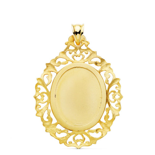 18K Medalla Oro Amarillo Virgen Guadalupe Cerco Filigrana 39x30 mm