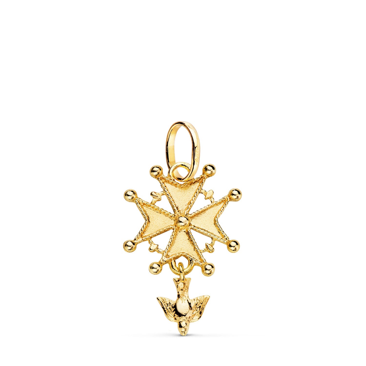 18K Huguenot Cross Yellow Gold With Dove. 23 x 15 mm