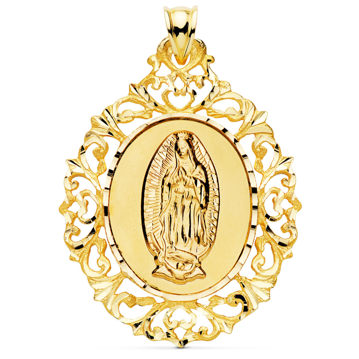 Médaille Vierge de Guadalupe en or 18K Ornement en filigrane 51x40 mm
