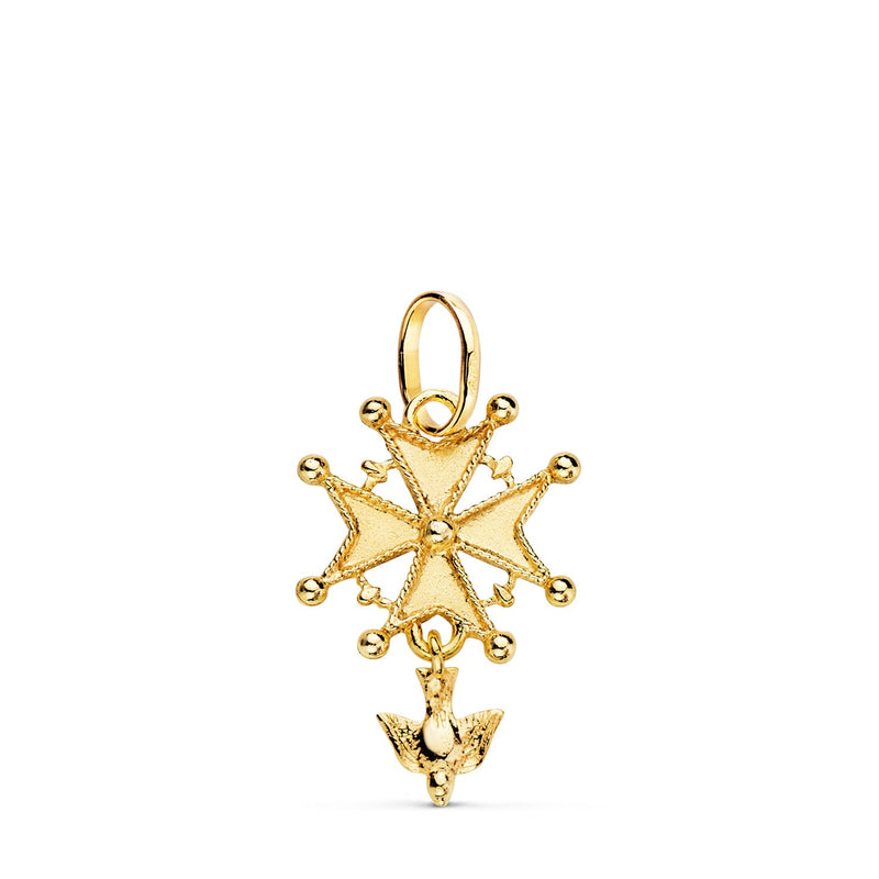 18K Yellow Gold Huguenotte Cross with Dove. 23 x 15 mm
