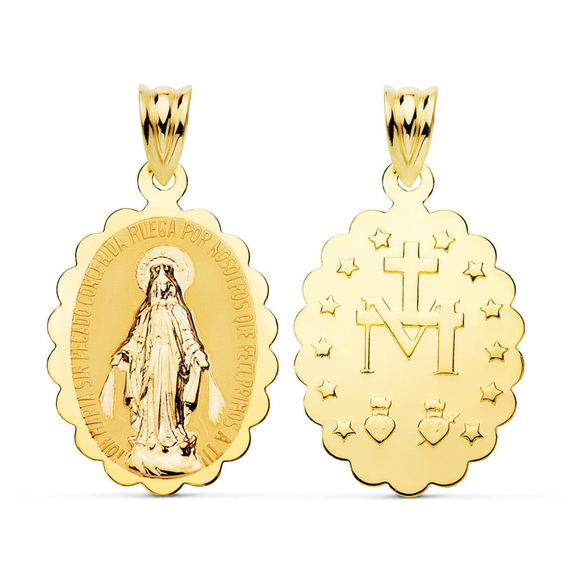 18K Medalla Escapulario Virgen De La Milagrosa Brillo 23x15 mm