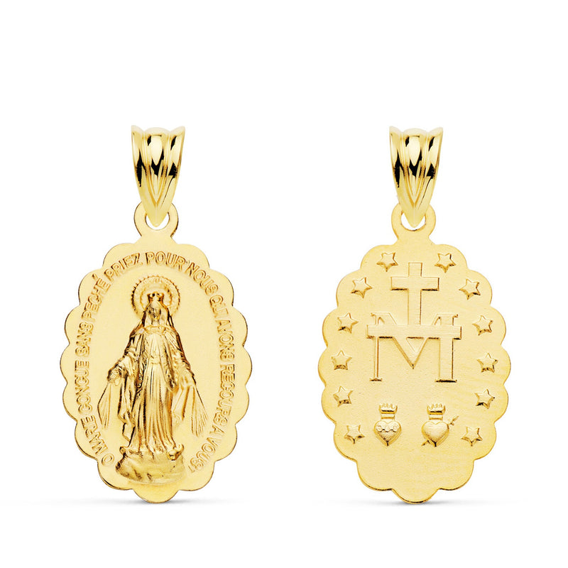 18K Escapulario Oro Amarillo Virgen Milagrosa Frances Oval Matizada 20x15 mm