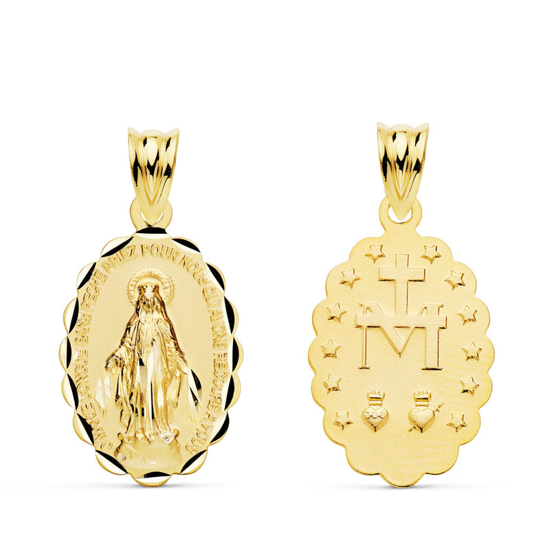18K Yellow Gold Scapular Miraculous Virgin Oval Carved 20x15 mm