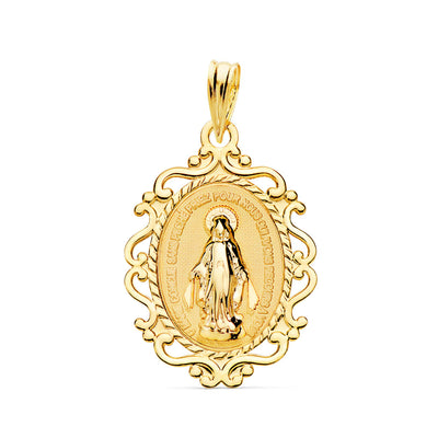 18K Medalla Virgen Milagrosa Cerco Filigrana En Brillo Frances 23 x 16 mm