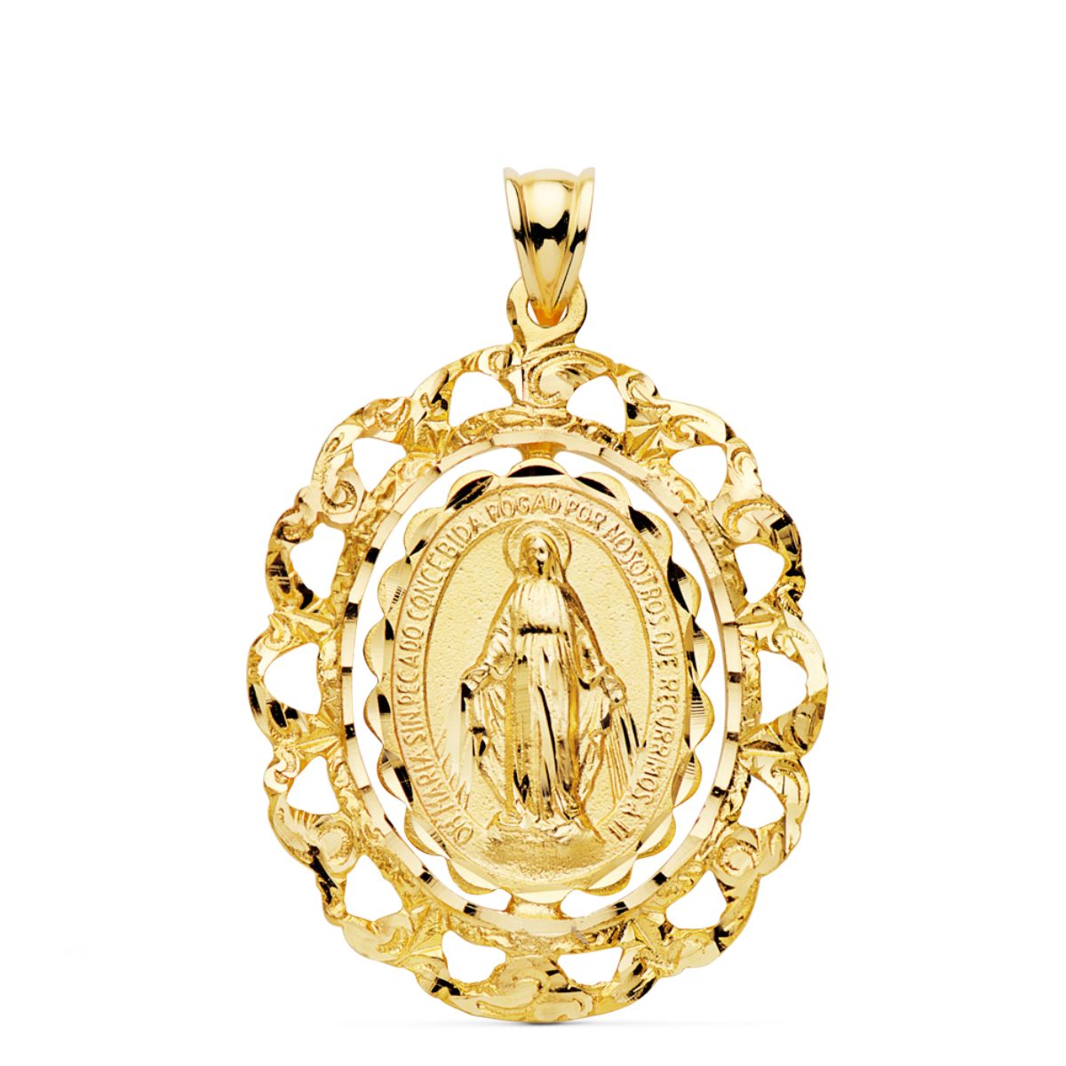 18K Medalla Oro Amarillo Virgen Milagrosa Cerco Filigrana Tallado 30x25 mm