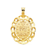 18K Medalla Oro Amarillo Virgen Milagrosa Cerco Filigrana Tallado 30x25 mm