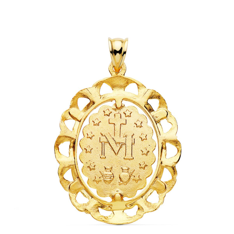 18K Yellow Gold Medal Miraculous Virgin Carved Filigree Frame 30x25 mm