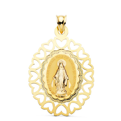 18K Medalla Virgen Milagrosa Oval Cerco Corazones. 40 x 33 mm