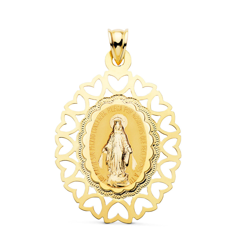 18K Medalla Virgen Milagrosa Oval Cerco Corazones. 40 x 33 mm