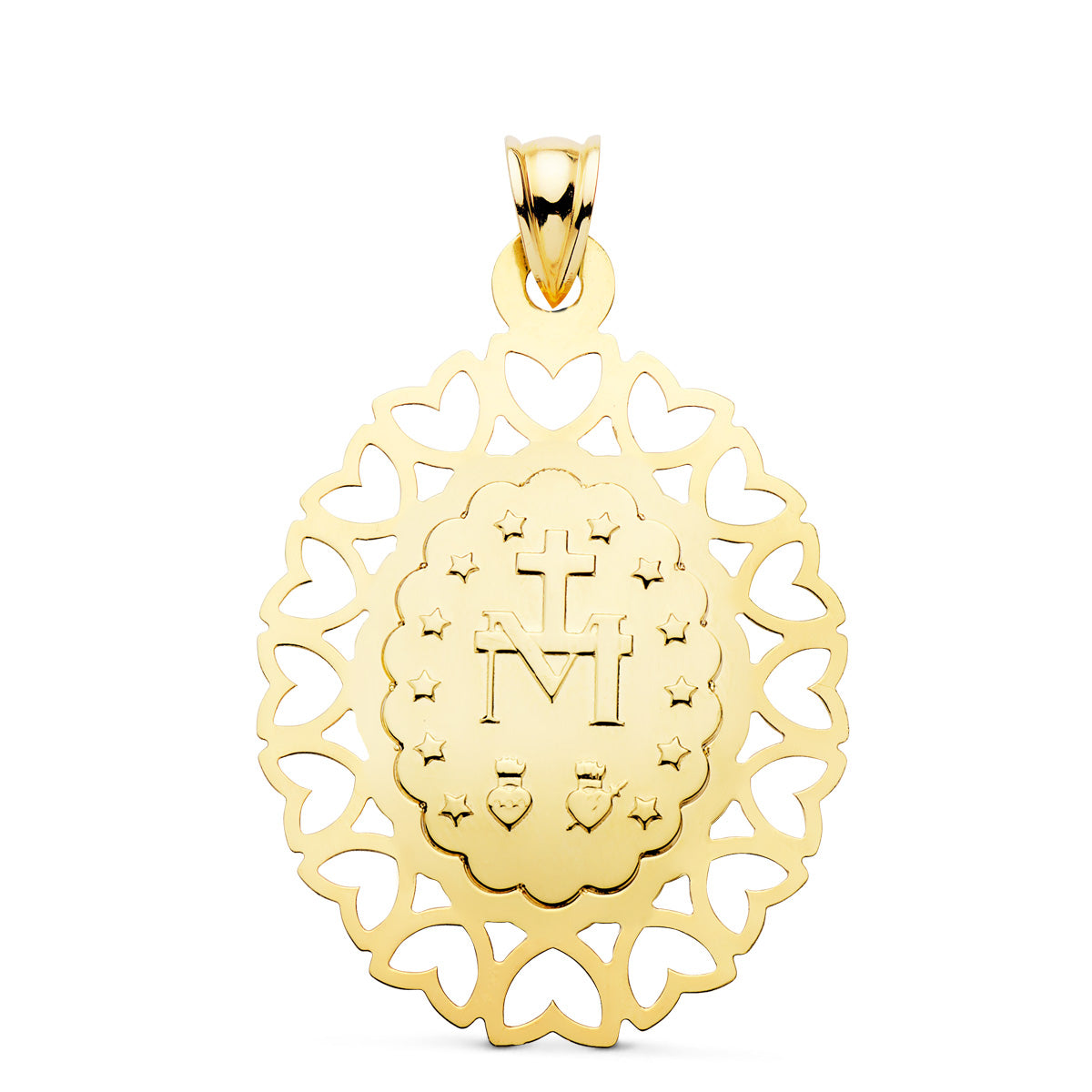 18K Medalla Virgen Milagrosa Oval Cerco Corazones. 40 x 33 mm