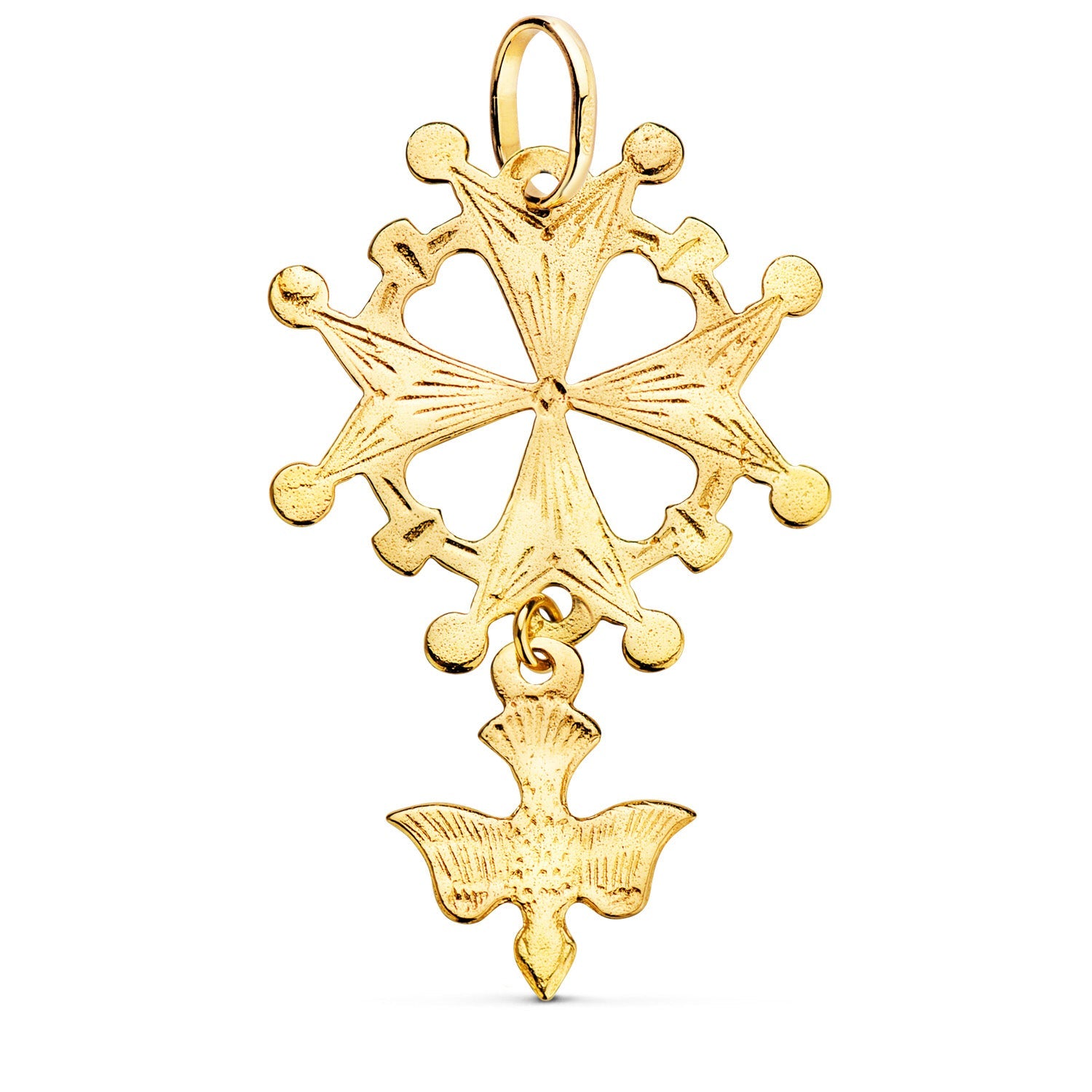 18K Huguenot Cross Yellow Gold With Dove. 40 x 25 mm