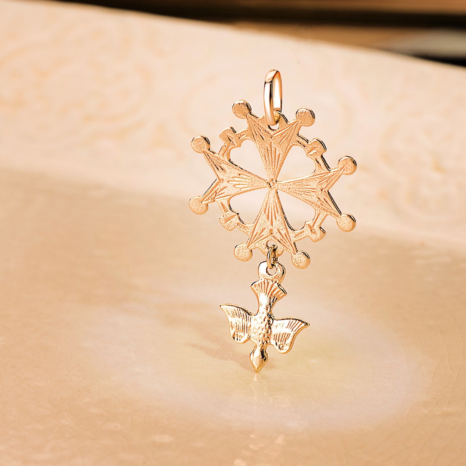 18K Huguenot Cross Yellow Gold With Dove. 40 x 25 mm