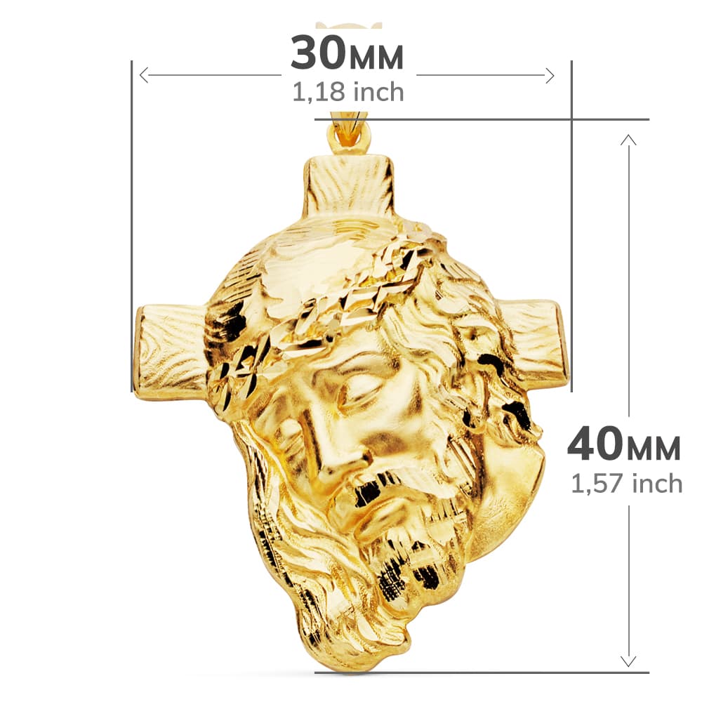 18K Cabeça de Cristo com Cruz Entalhada 40x30 mm