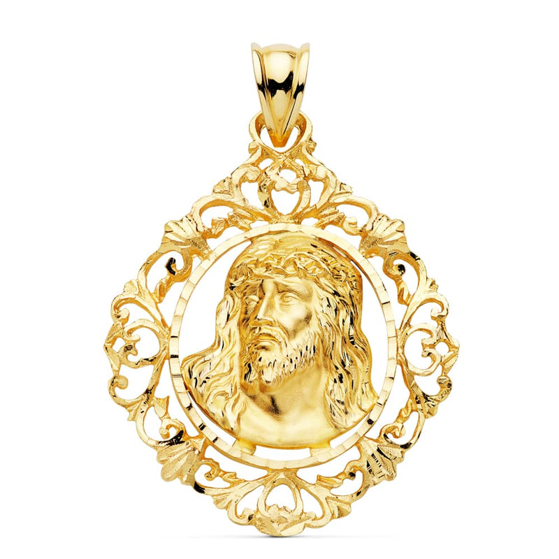 18K Colgante Cristo Oro Amarillo Estampado Cerco. 32x29 mm