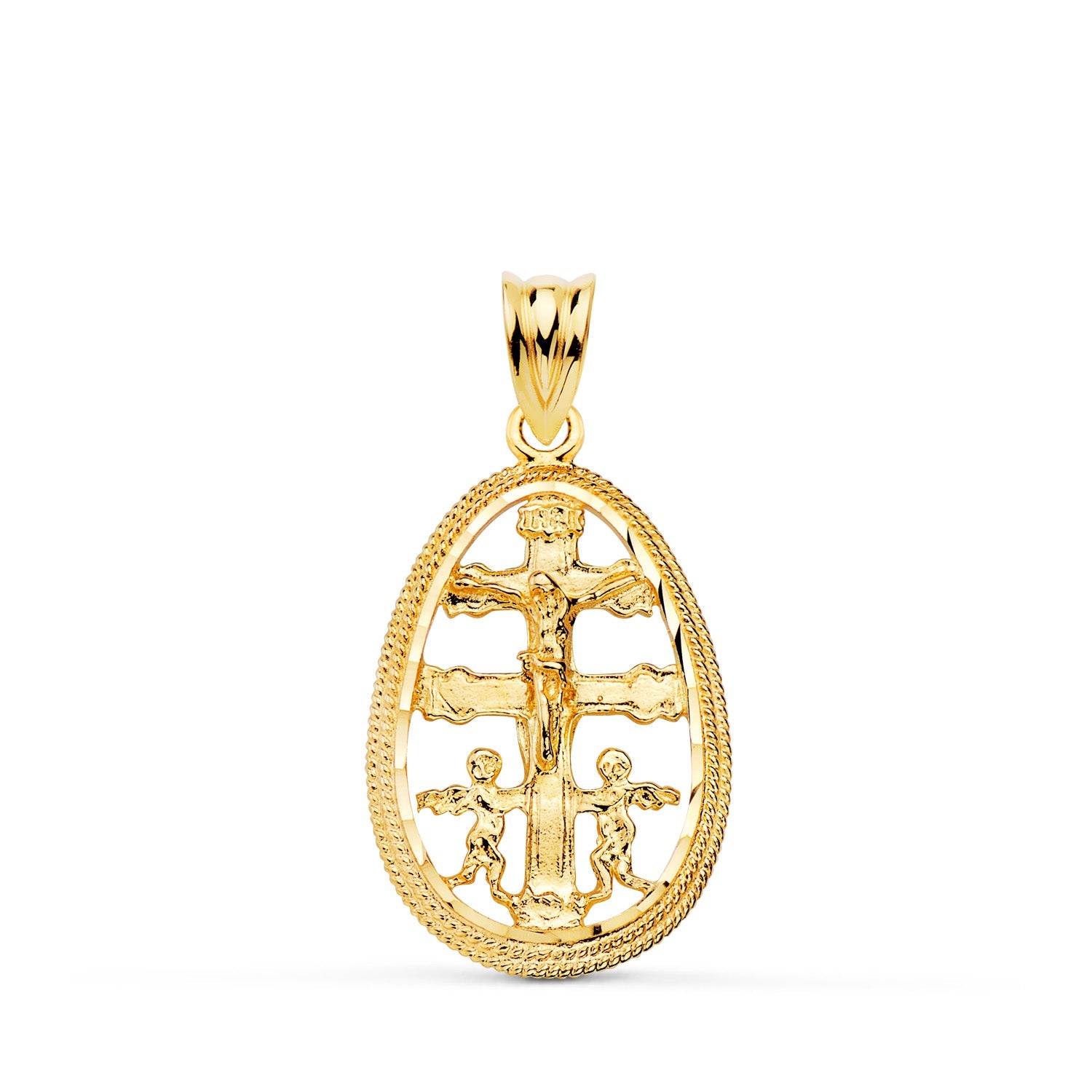 18K Pendant Caravaca Cross Yellow Gold Oval Carved Frame. 23 x 16mm