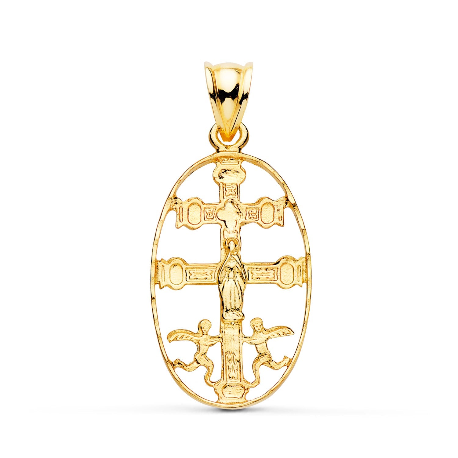 18K Caravaca Cross Yellow Gold Oval Carved Frame. 27 x 17mm