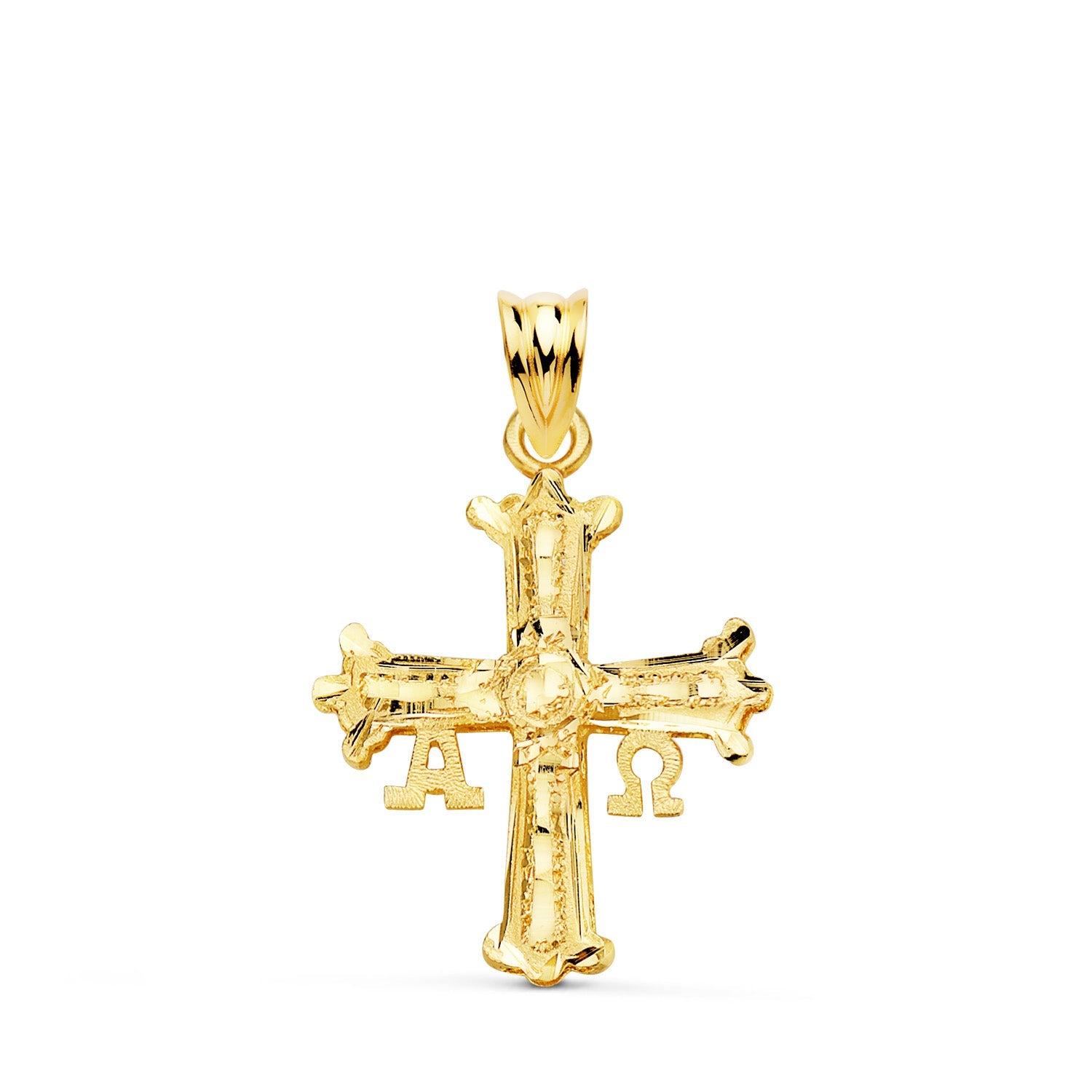 18K Croce di Covadonga Oro Giallo Intagliata 26 x 20 mm