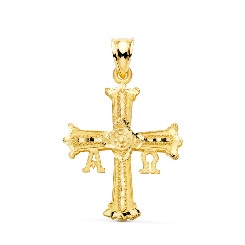 18K Yellow Gold Cross of Covadonga Carved 33 x 25 mm