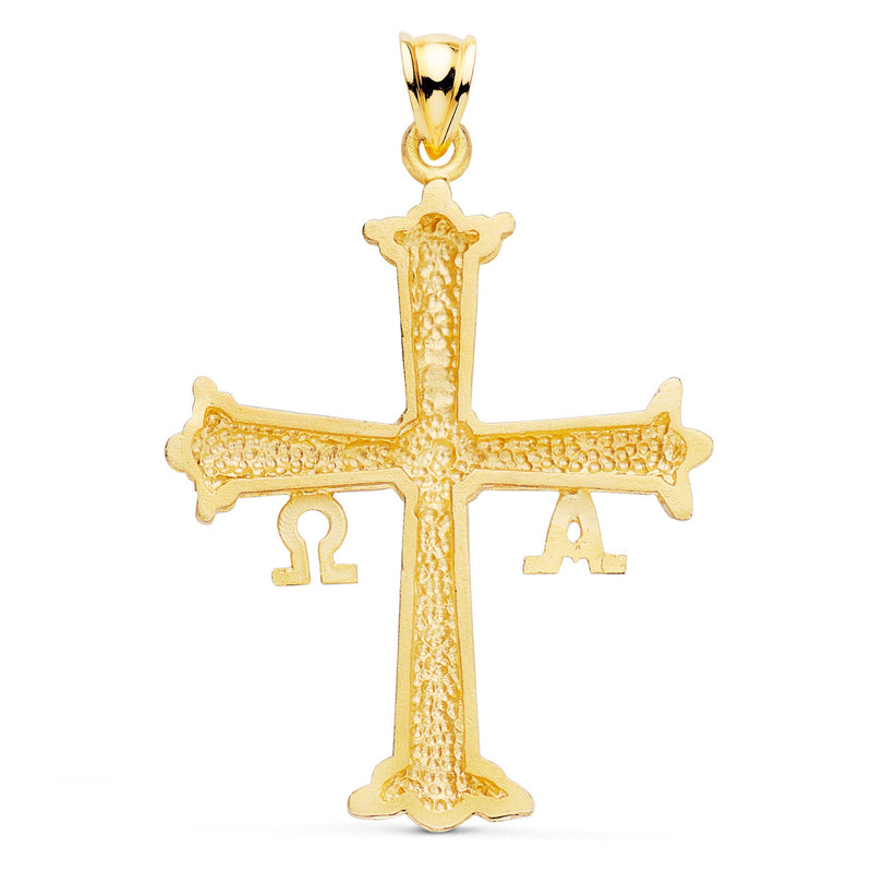 18K Yellow Gold Covadonga Cross Carved 41x31 mm