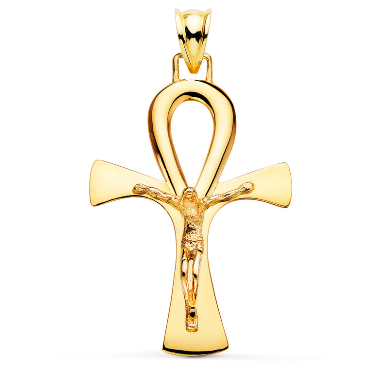 Croix de vie en or jaune 18 carats avec le Christ en éclat 36 x 23 mm