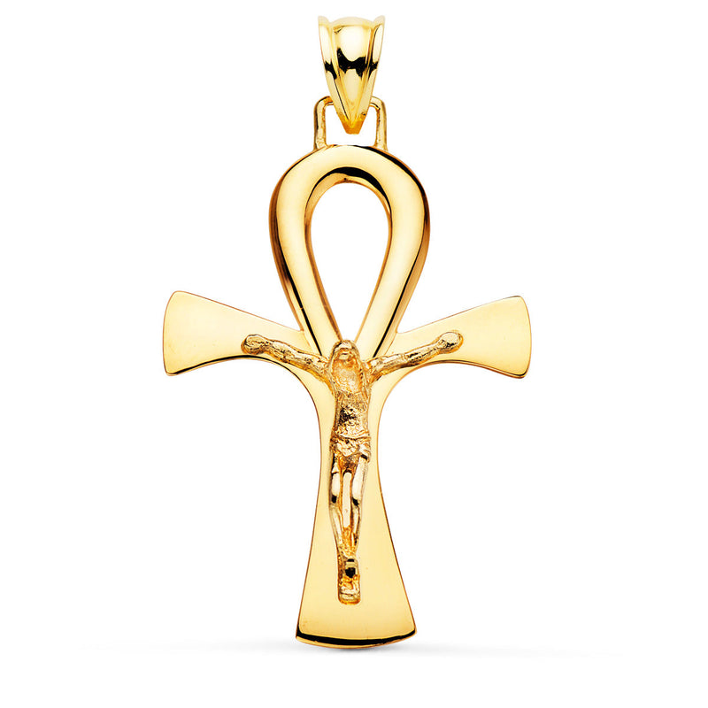 18K Yellow Gold Cross of Life with Christ in Shine 36 x 23 mm