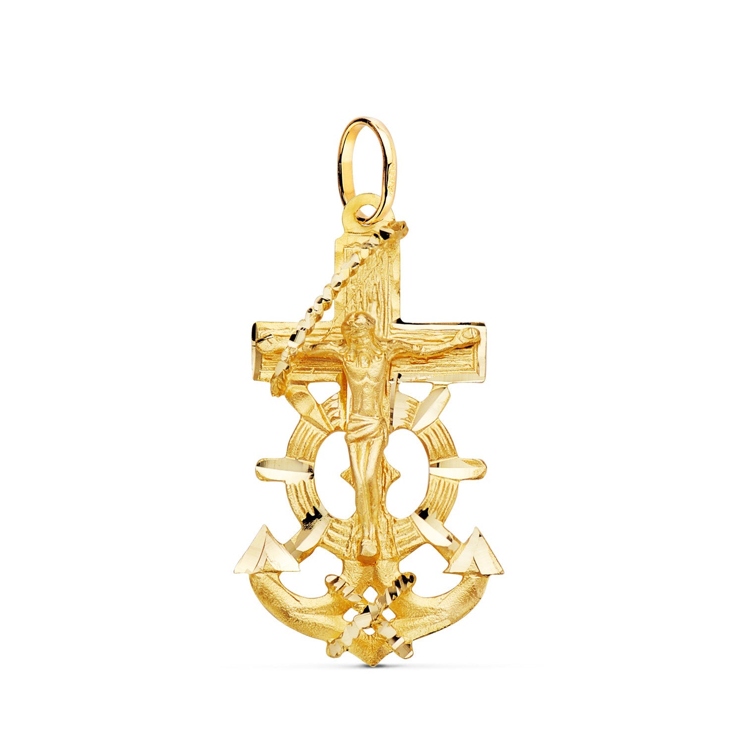 18K Yellow Gold Marine Cross With Carved Christ 35x20 mm